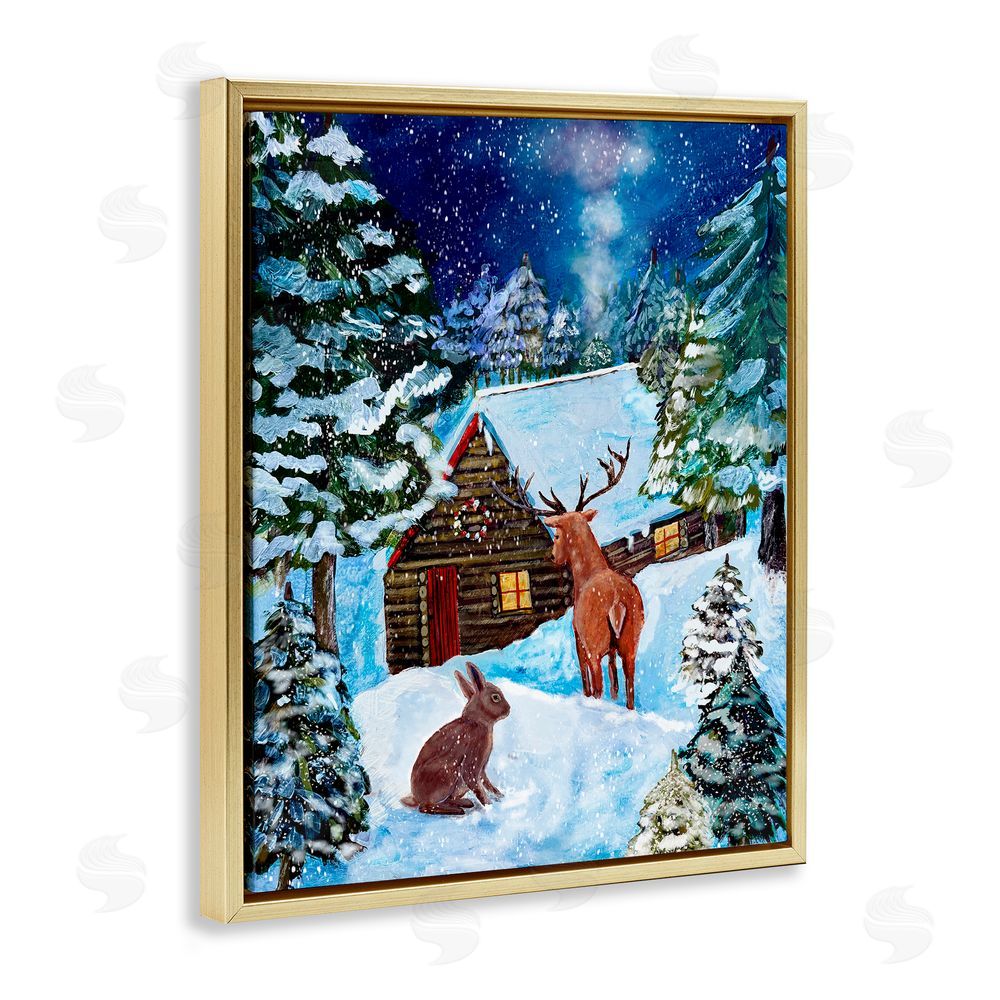 Patricia Reynolds Snowy Christmas Log Cottage Gold Floating Frame Canvas Art Print