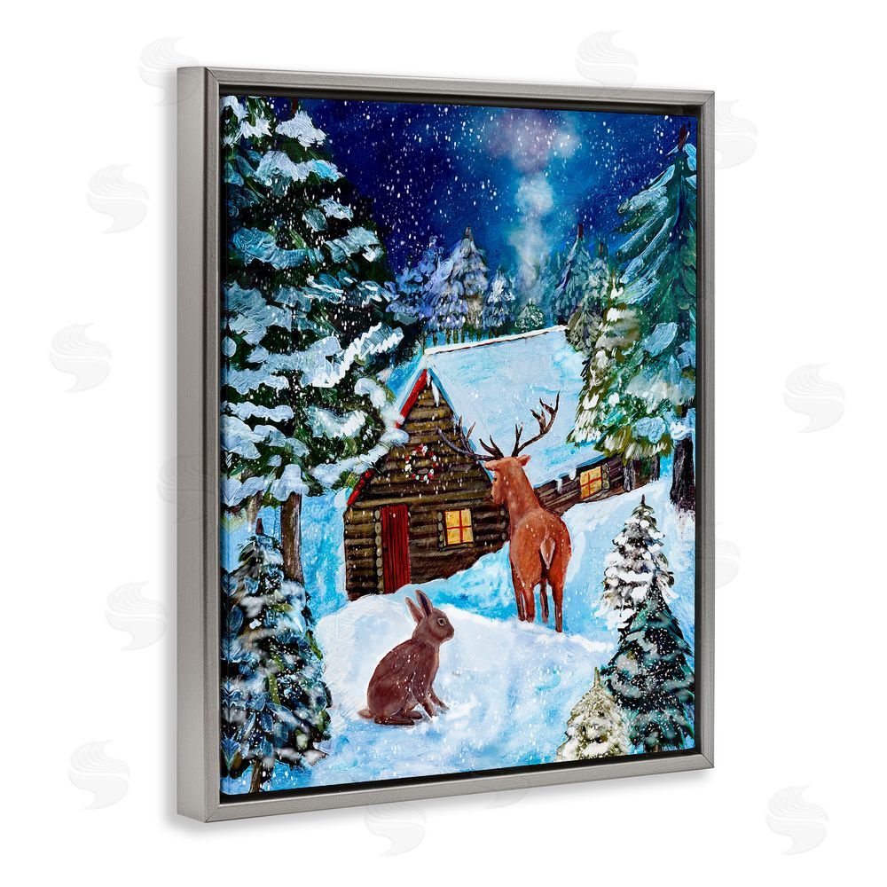 Patricia Reynolds Snowy Christmas Log Cottage Gray Floating Frame Canvas Art Print