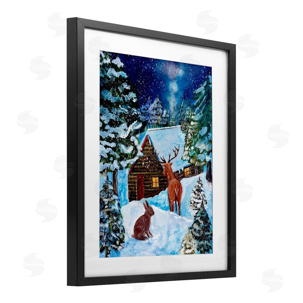 Patricia Reynolds Snowy Christmas Log Cottage Black Framed Print Under Glass Art