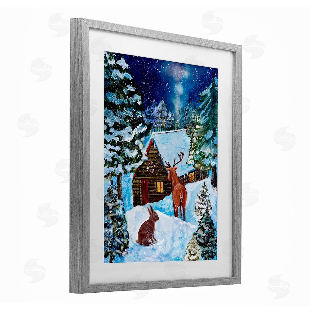 Patricia Reynolds Snowy Christmas Log Cottage Gray Framed Print Under Glass Art