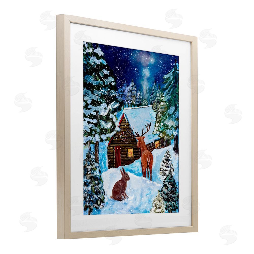Patricia Reynolds Snowy Christmas Log Cottage Birch Framed Print Under Glass Art