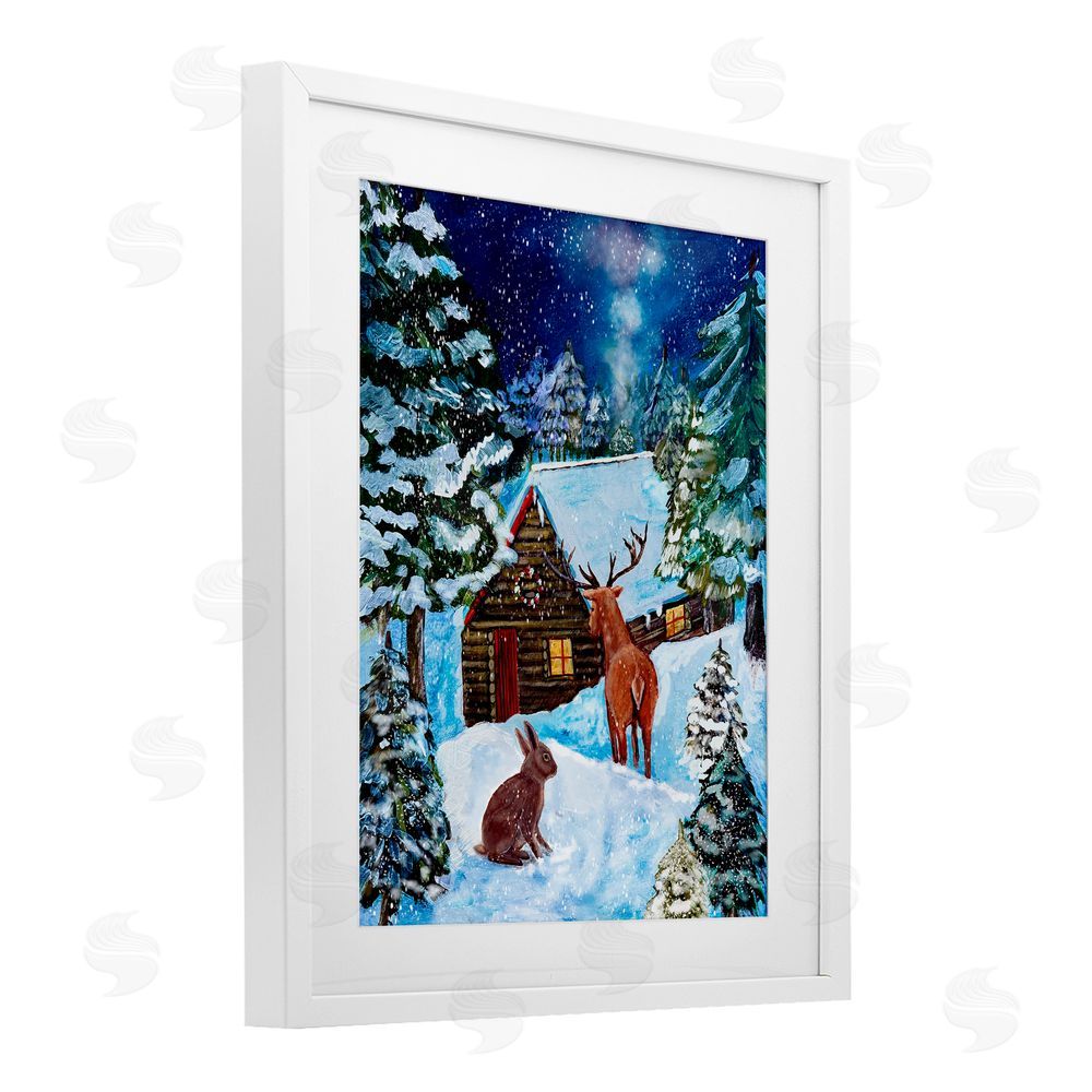 Patricia Reynolds Snowy Christmas Log Cottage White Framed Print Under Glass Art