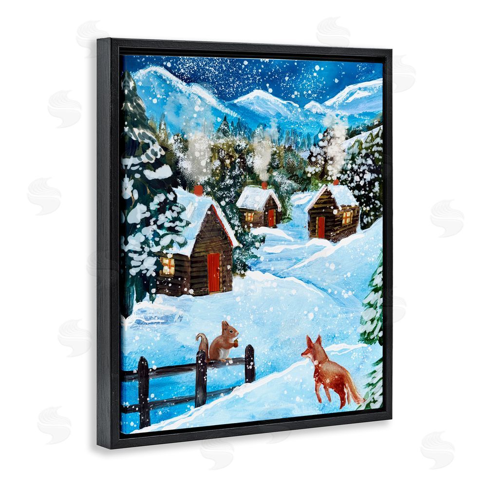 Patricia Reynolds Snowy Christmas Cabins Trio Black Floating Frame Canvas Wall Art Print