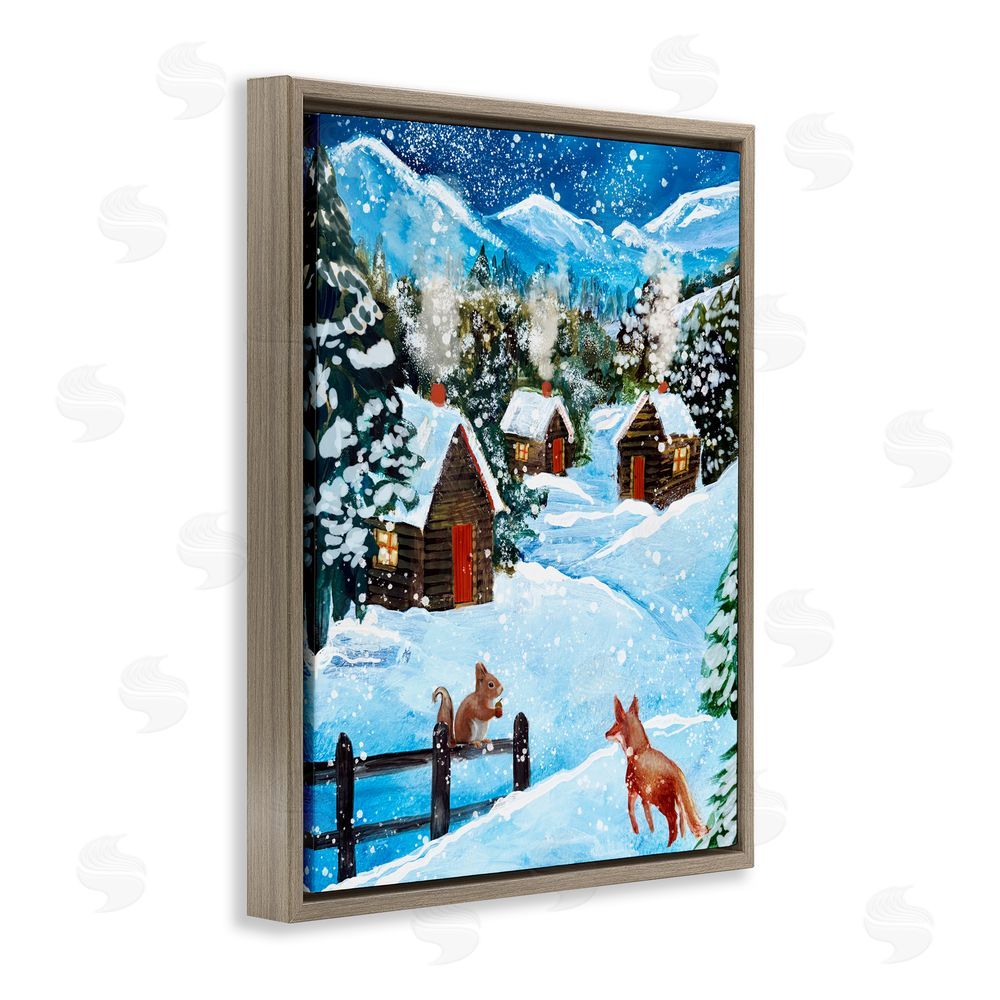 Patricia Reynolds Snowy Christmas Cabins Trio Brown Floating Frame Canvas Art Print
