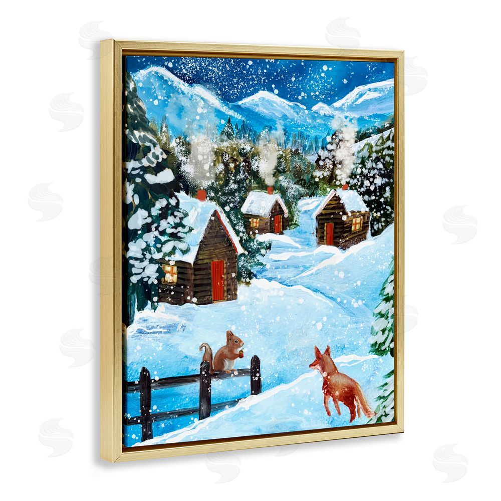 Patricia Reynolds Snowy Christmas Cabins Trio Gold Floating Frame Canvas Art Print
