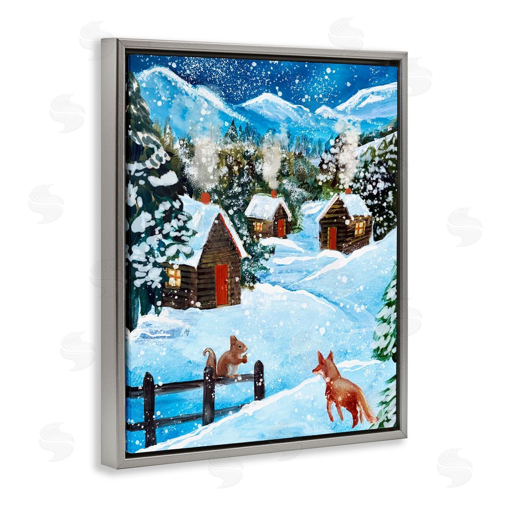 Patricia Reynolds Snowy Christmas Cabins Trio Gray Floating Frame Canvas Art Print