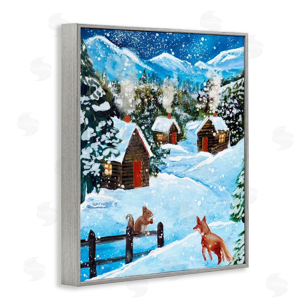 Patricia Reynolds Snowy Christmas Cabins Trio Gray Framed Giclee Art Print