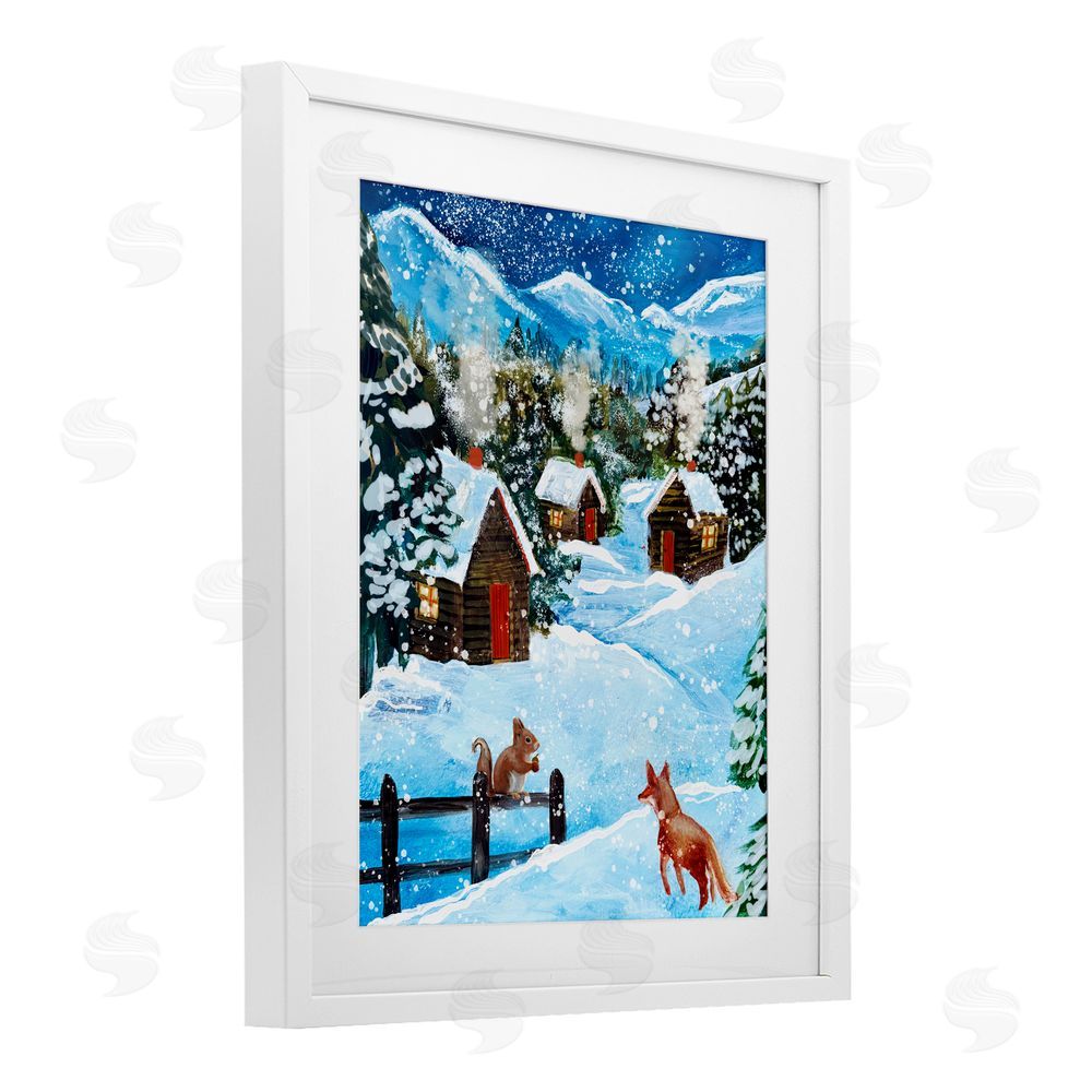 Patricia Reynolds Snowy Christmas Cabins Trio White Framed Print Under Glass Art