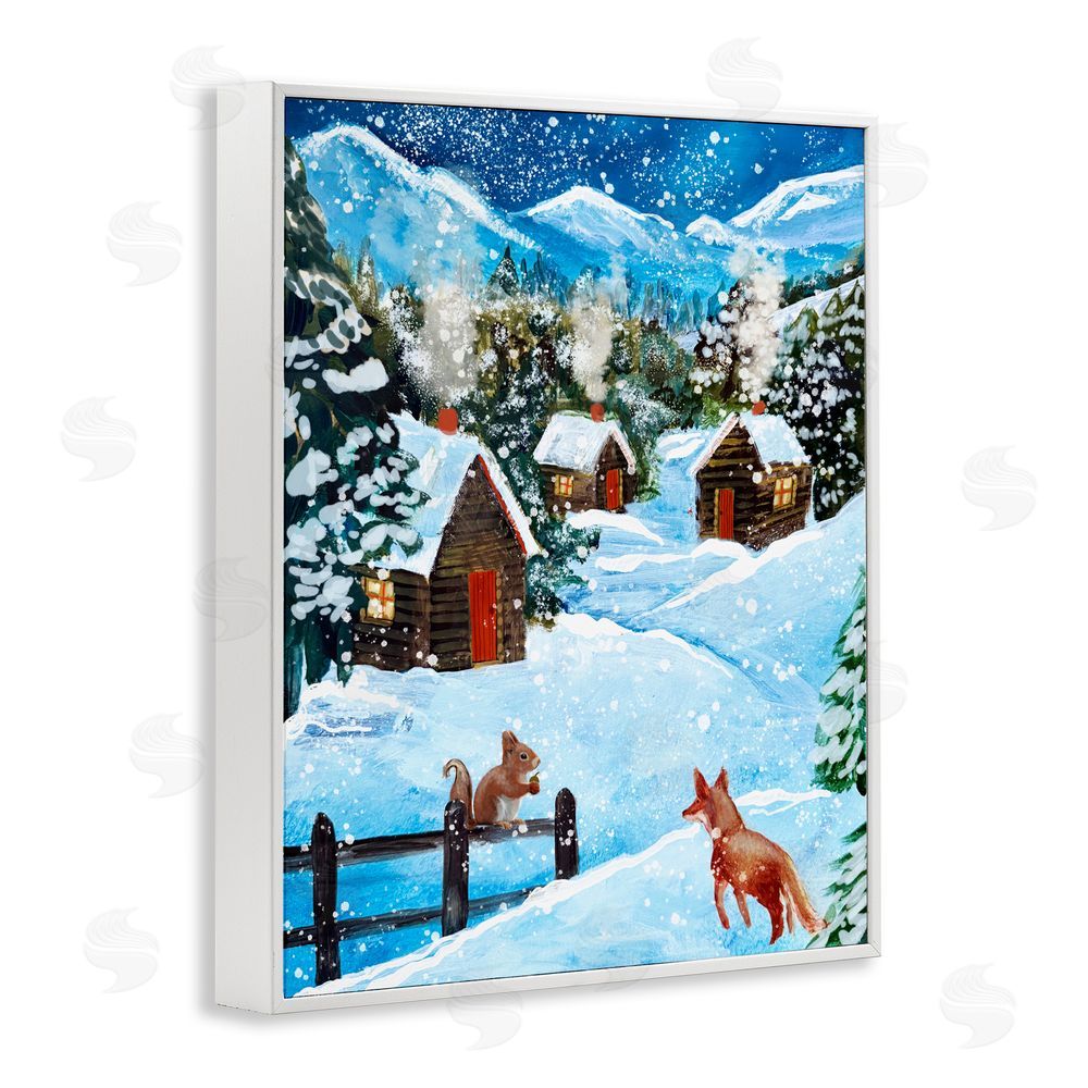 Patricia Reynolds Snowy Christmas Cabins Trio White Frame Giclee Art Print
