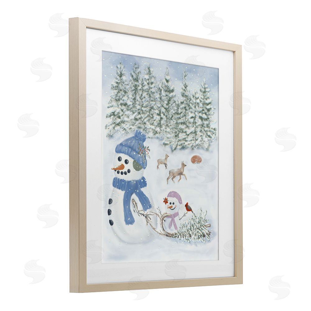Leslie Hermosa Fun In The Snow Baby Snowman Birch Framed Print Under Glass Art