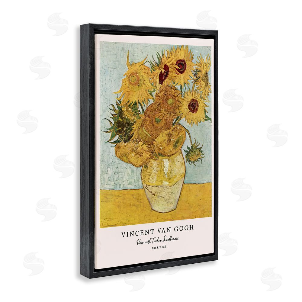 Vintage Hustle Classic Vase with Twelve Sunflowers Black Floating Frame Canvas Wall Art Print