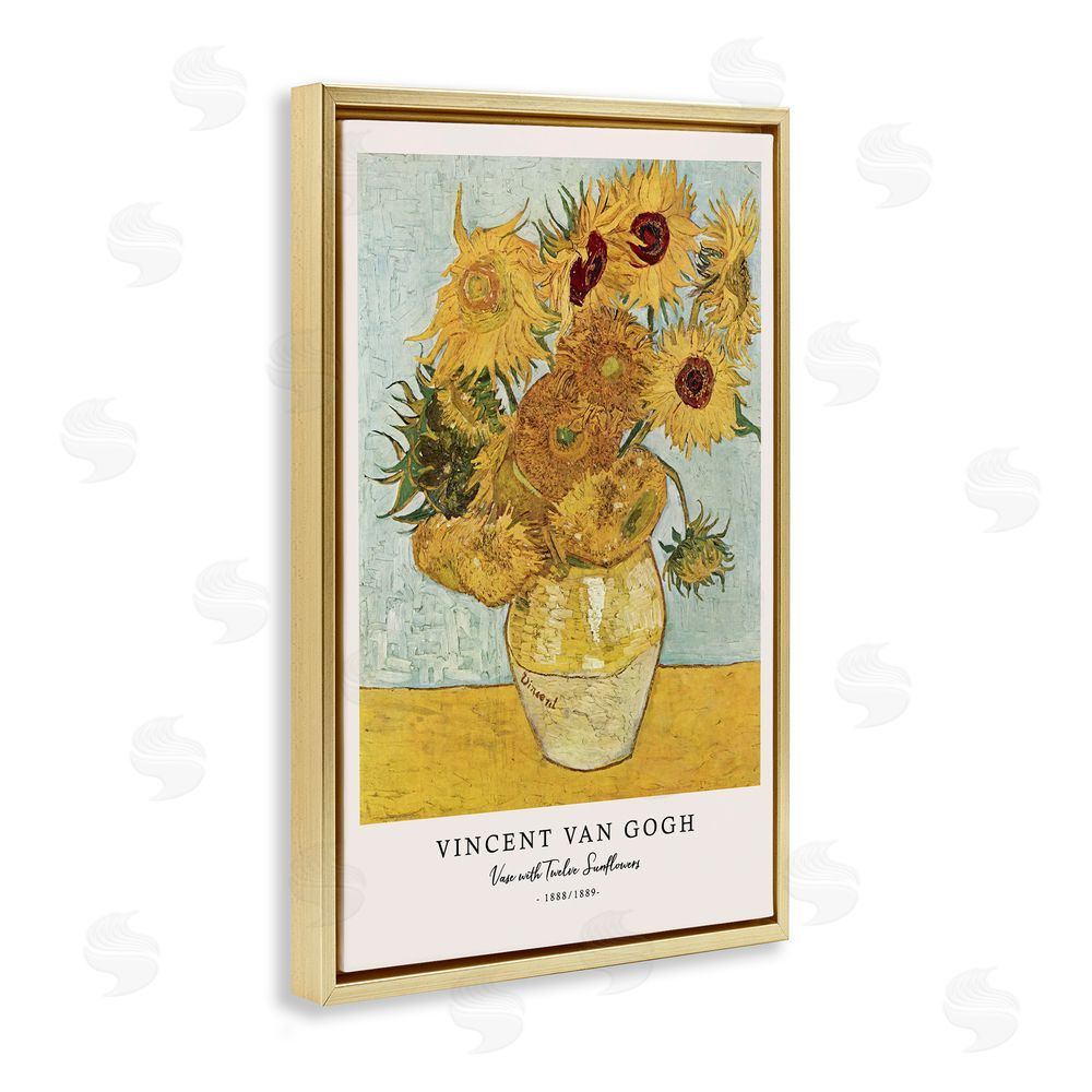 Vintage Hustle Classic Vase with Twelve Sunflowers Gold Floating Frame Canvas Wall Art Print