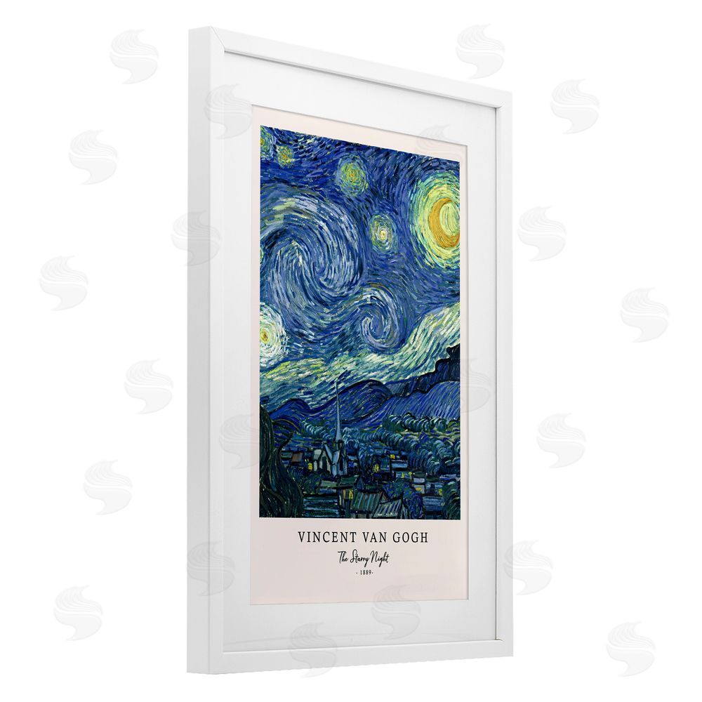 Vintage Hustle Classic Starry Night Van Gogh White Framed Print Under Glass Wall Art