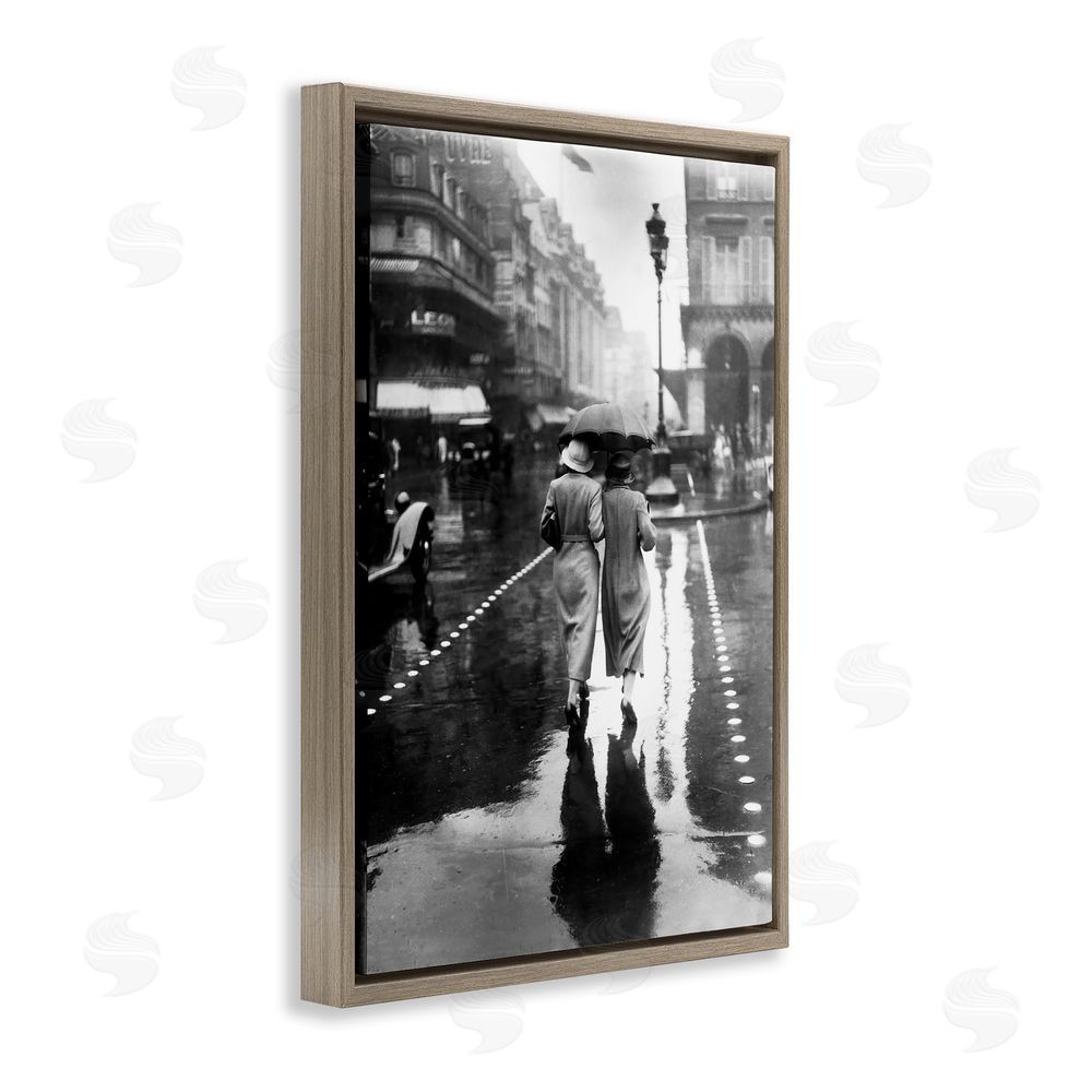 Vintage Hustle Paris In The Rain Brown Floating Frame Canvas Wall Art Print