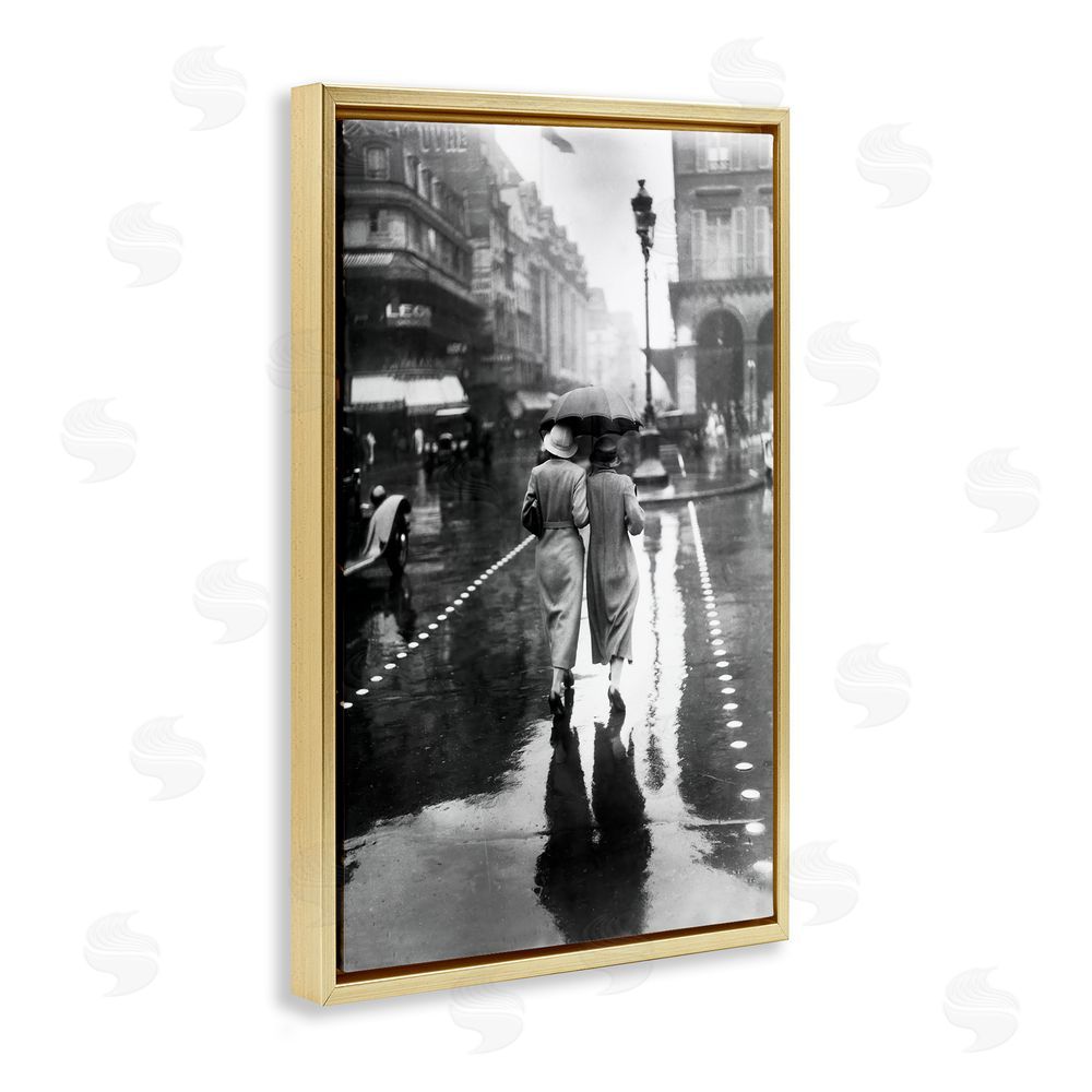 Vintage Hustle Paris In The Rain Gold Floating Frame Canvas Wall Art Print