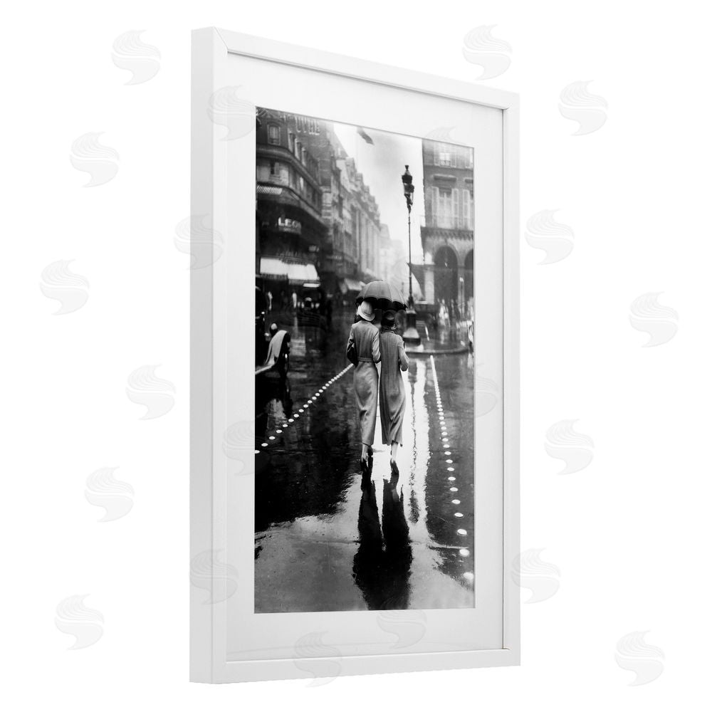 Vintage Hustle Paris In The Rain White Framed Print Under Glass Wall Art