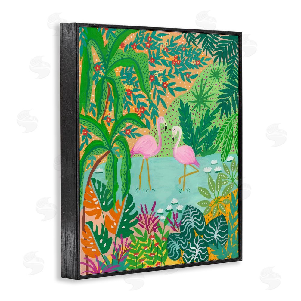 Nabeela Rumi Flamingos in Dotted Pond Blacked Framed Giclee Wall Art Print