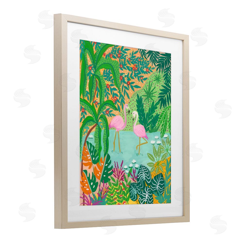 Nabeela Rumi Flamingos in Dotted Pond Brown Framed Print Under Glass with Mat Wall Art