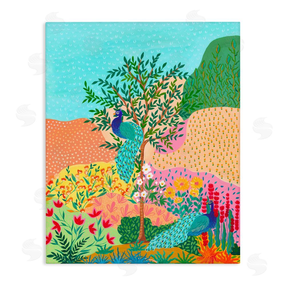 Nabeela Rumi Peacocks in Dotted Meadow Stretched Canvas Wall Art Print