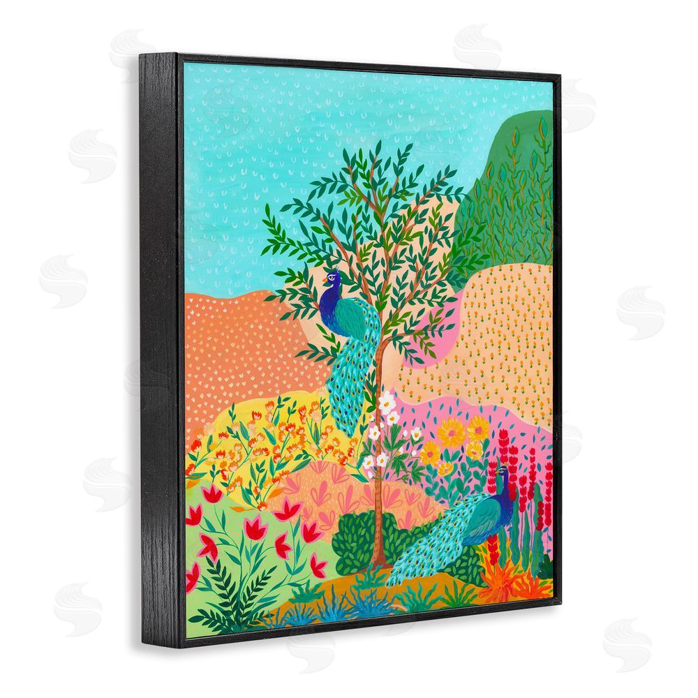 Nabeela Rumi Peacocks in Dotted Meadow Black Framed Giclee Wall Art Print