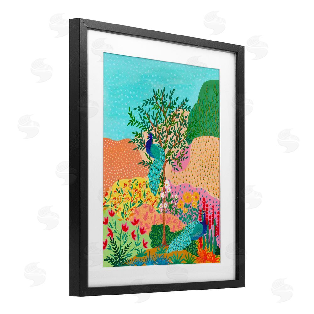 Nabeela Rumi Peacocks in Dotted Meadow Black Framed Print Under Glass Wall Art