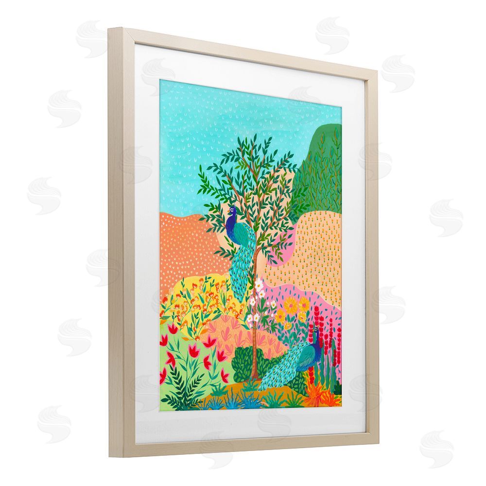 Nabeela Rumi Peacocks in Dotted Meadow Brown Framed Print Under Glass Wall Art
