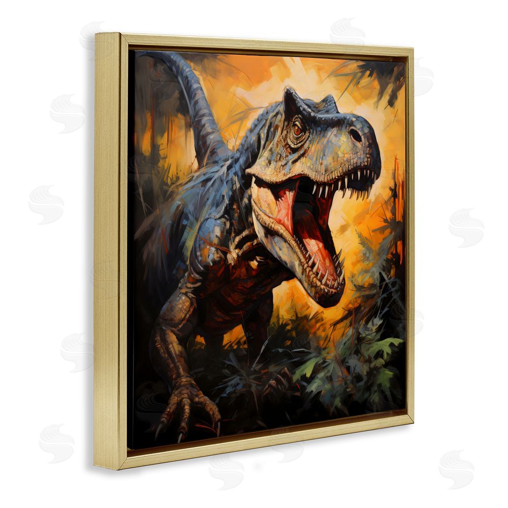 Creative Studio Angry Dinosaur Roaring Gold Floating Frame Canvas Wall Art Print