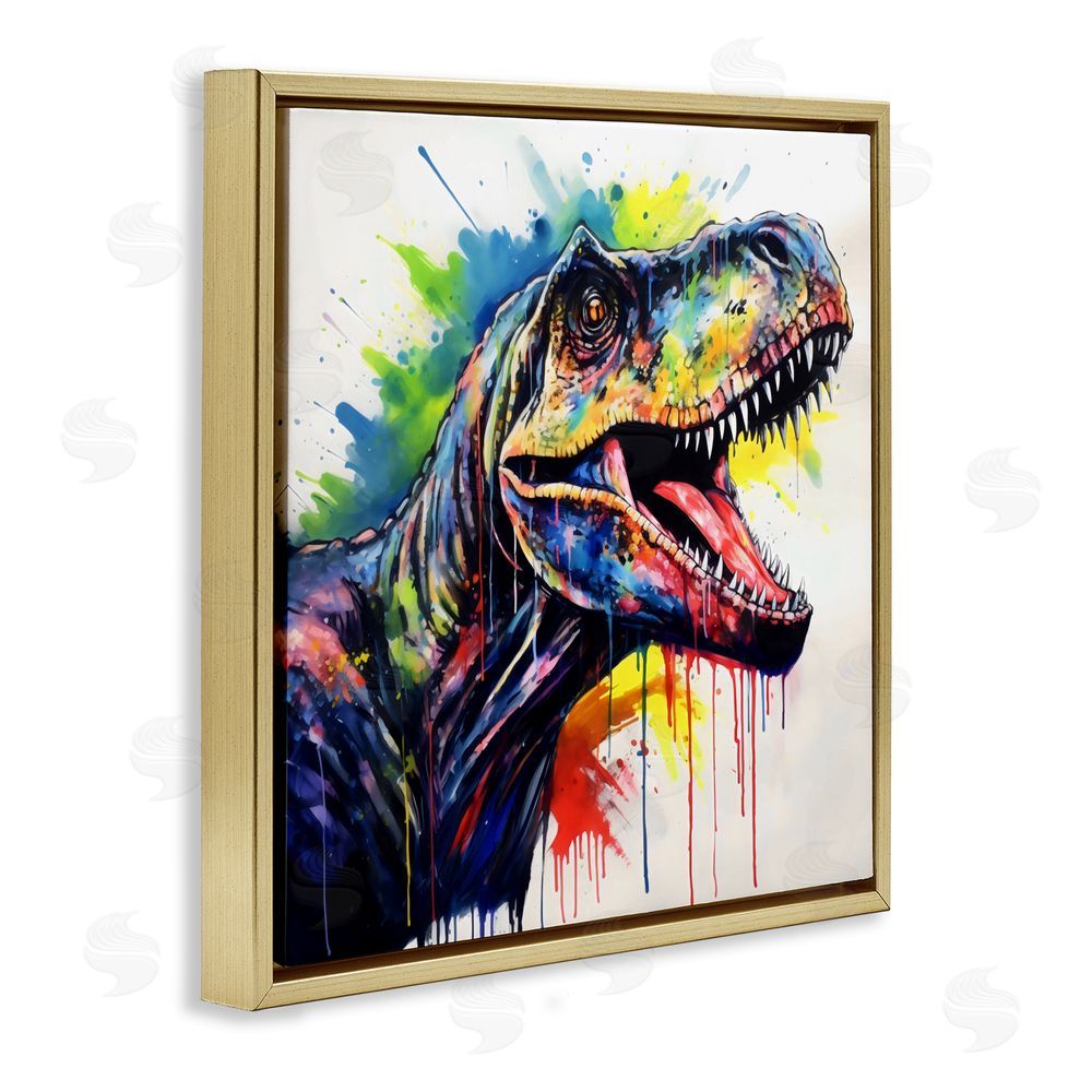 Creative Studio Colorful T-Rex Roaring Gold Floating Frame Canvas Wall Art Print