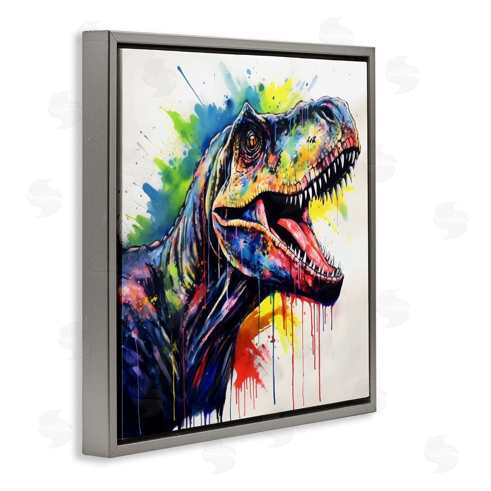 Creative Studio Colorful T-Rex Roaring Gray Floating Frame Canvas Wall Art Print