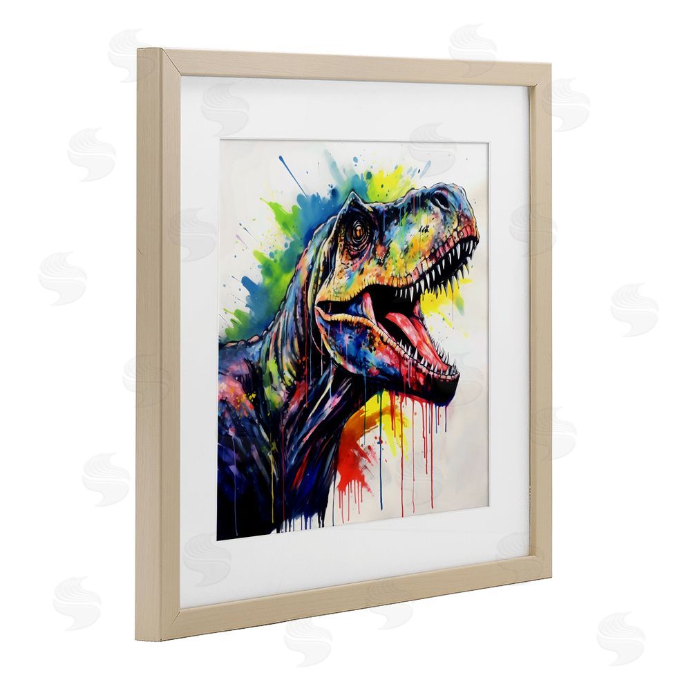 Creative Studio Colorful T-Rex Roaring Birch Framed Print Under Glass Wall Art