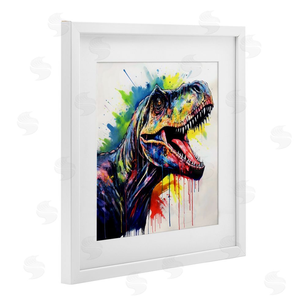 Creative Studio Colorful T-Rex Roaring White Framed Print Under Glass Wall Art
