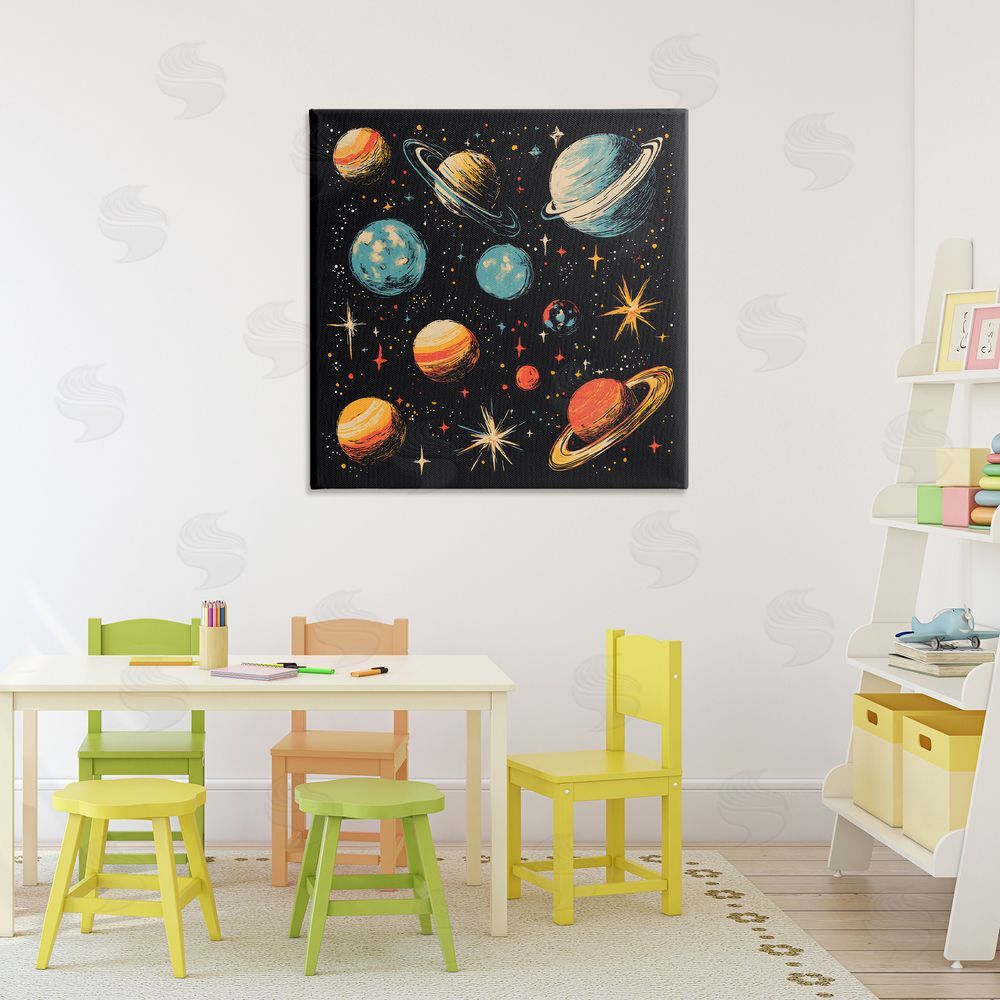 Creative Studio Colorful Retro Planets Stretched Canvas Wall Art in Room