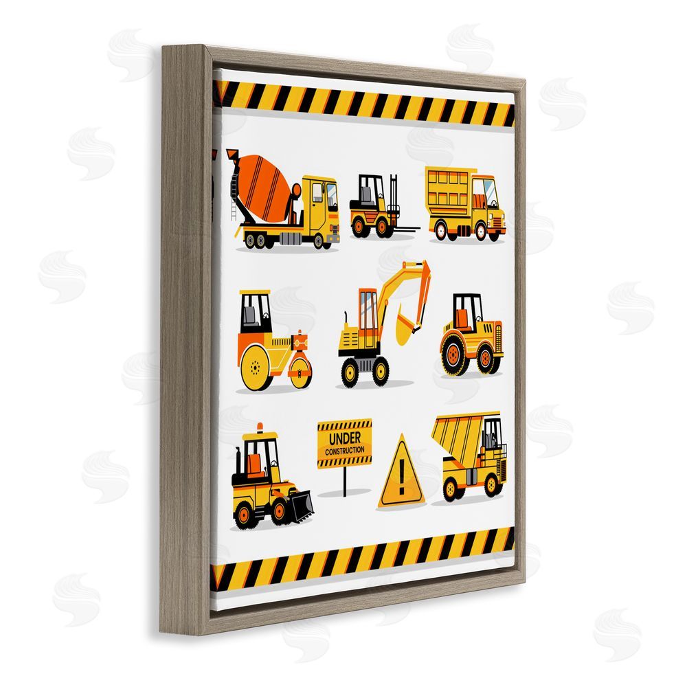 Creative Studio Construction Vehicles with Warning Brown Floating Frame Canvas Wall Art Print