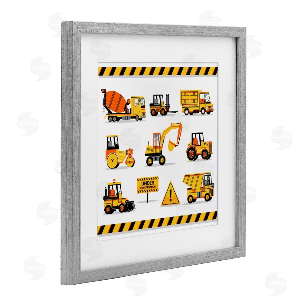 Creative Studio Construction Vehicles with Warning Gray Framed Print Under Glass Wall Art