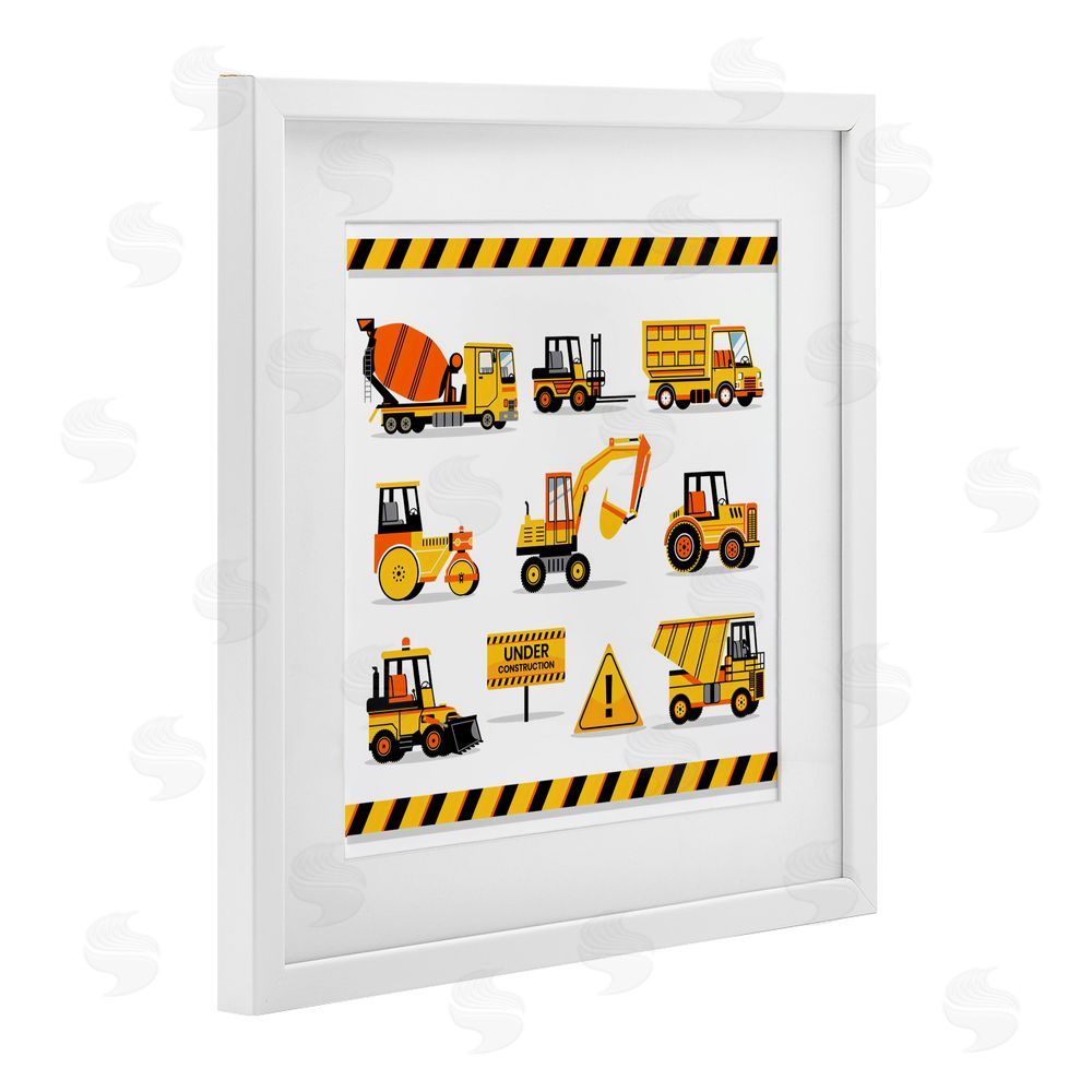 Creative Studio Construction Vehicles with Warning White Framed Print Under Glass Wall Art
