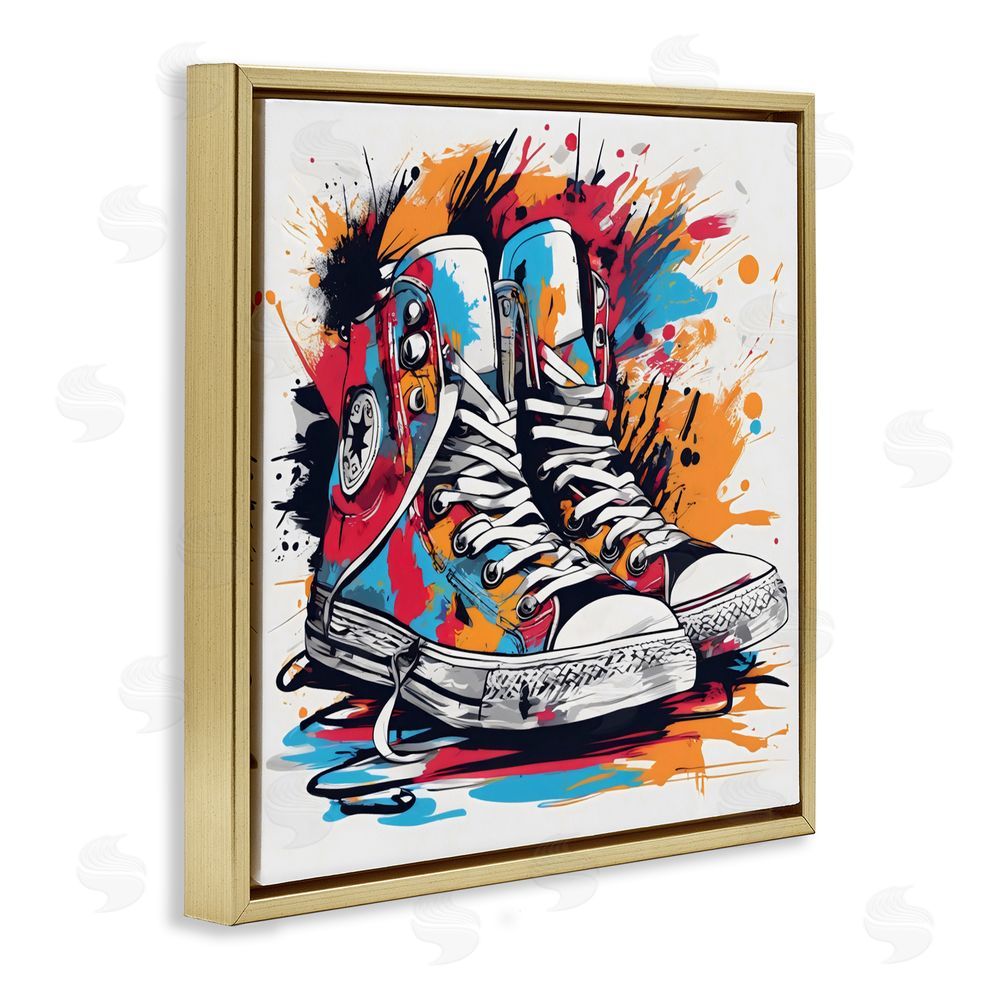 Creative Studio Colorful Sneakers Graffiti Splash Gold Floating Frame Canvas Wall Art Print