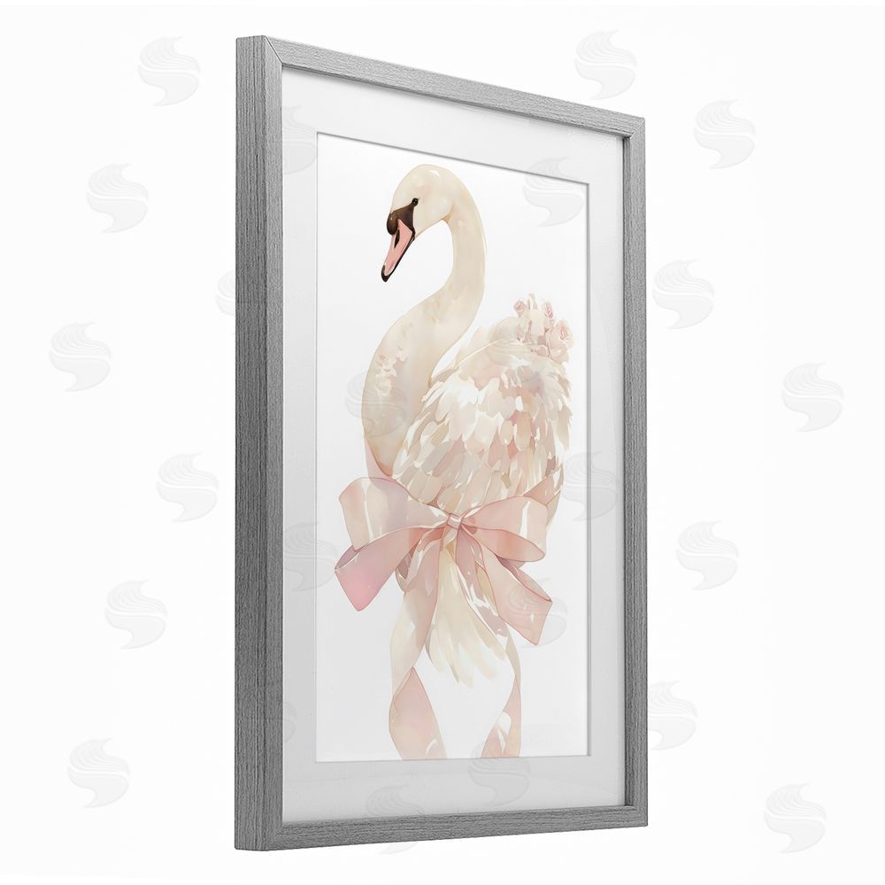 Creative Studio Coquette Swan with Bow Gray Framed Print Under Glass Wall Art