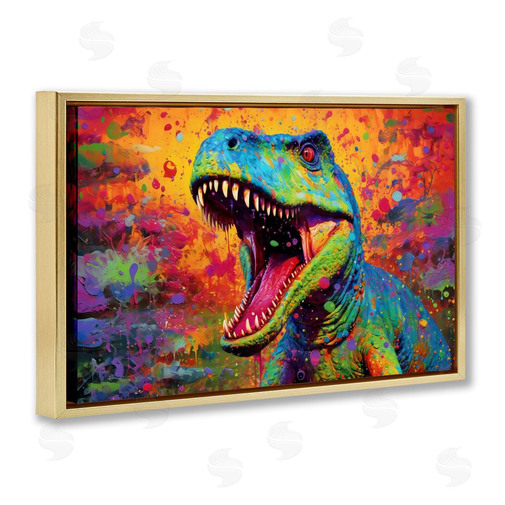 Creative Studio Colorful T-Rex with Splatter Gold Floating Frame Canvas Wall Art Print