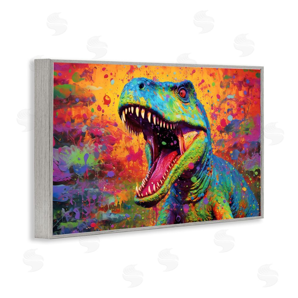 Creative Studio Colorful T-Rex with Splatter Gray Framed Giclee Wall Art Print