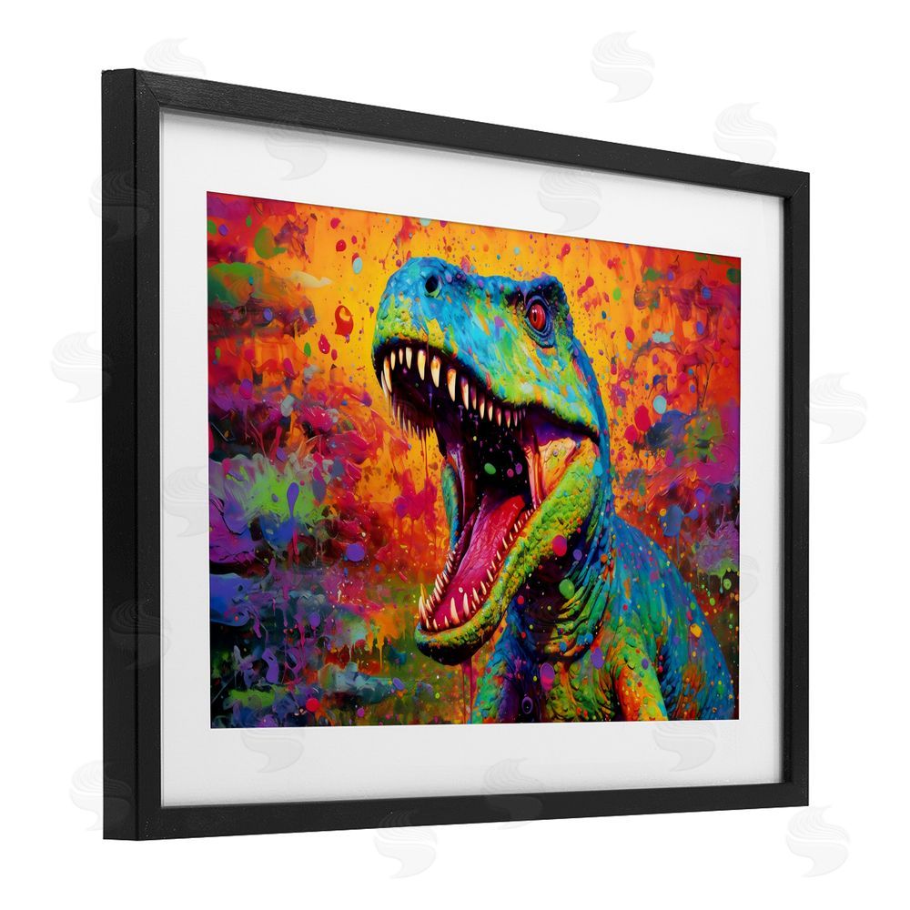 Creative Studio Colorful T-Rex with Splatter Black Framed Print Under Glass Wall Art