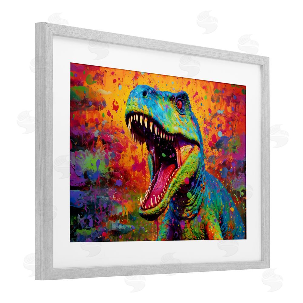 Creative Studio Colorful T-Rex with Splatter Gray Framed Print Under Glass Wall Art
