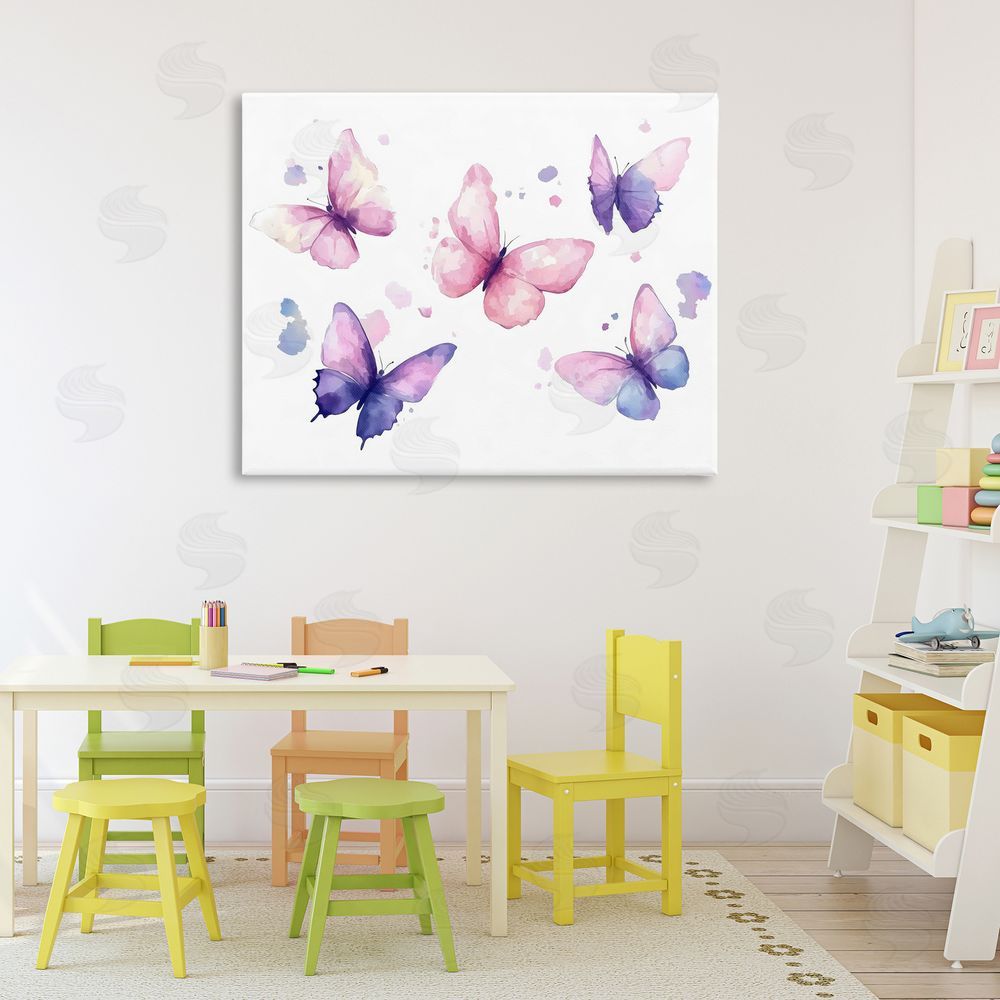Creative Studio Blue and Pink Butterflies Stretched Canvas Wall Art in Room