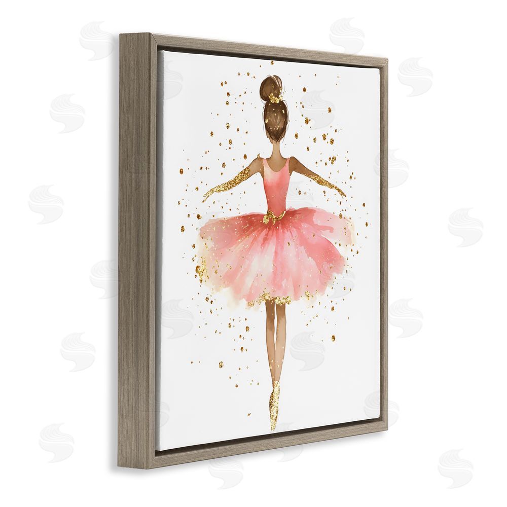 Creative Studio Ballerina with Gold Glitter Brown Floating Frame Canvas Wall Art Print