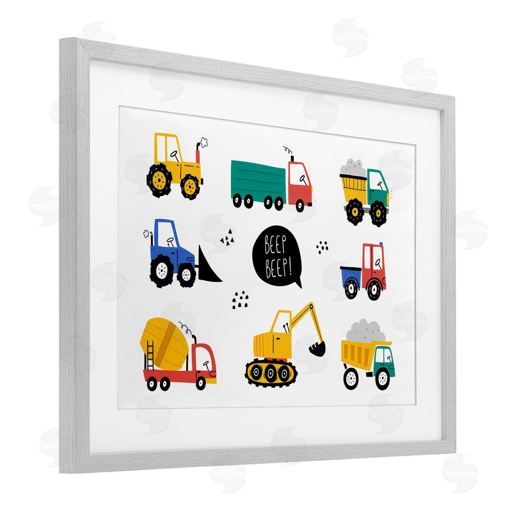 Creative Studio Beep Construction Vehicles Gray Framed Print Under Glass Wall Art