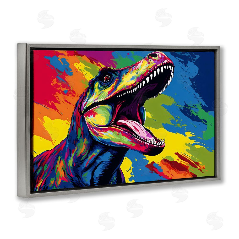 Creative Studio Brightly Colored Dinosaur Gray Floating Frame Canvas Wall Art Print