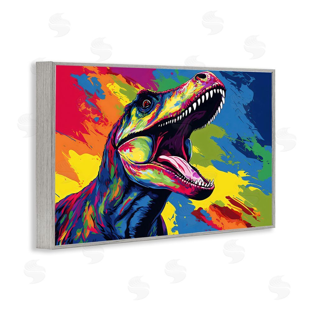 Creative Studio Brightly Colored Dinosaur Gray Framed Giclee Wall Art Print