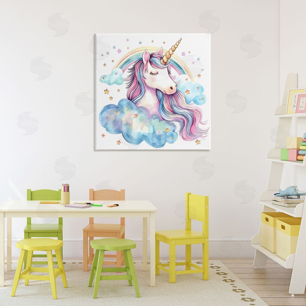 Creative Studio Cute Happy Unicorn & Rainbow Stretched Canvas Wall Art Print in Room