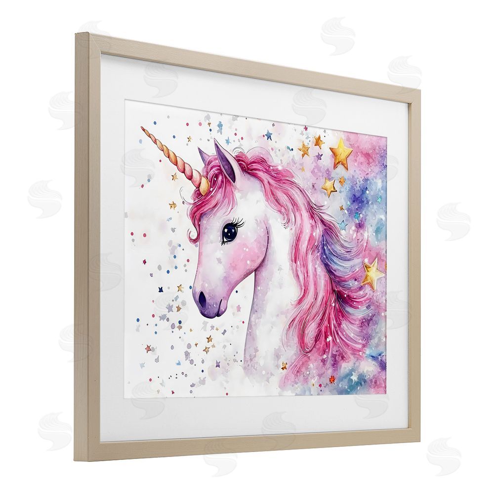 Creative Studio Pink Mane Unicorn with Stars Brown Framed Print Under Glass Wall Art