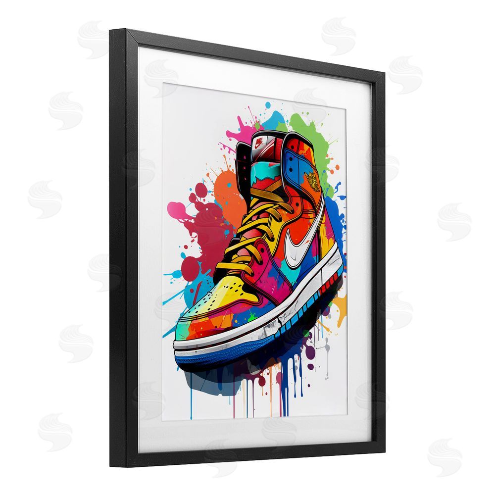 Creative Studio Graffiti Sneaker on White Black Framed Print Under Glass with Mat Wall Art