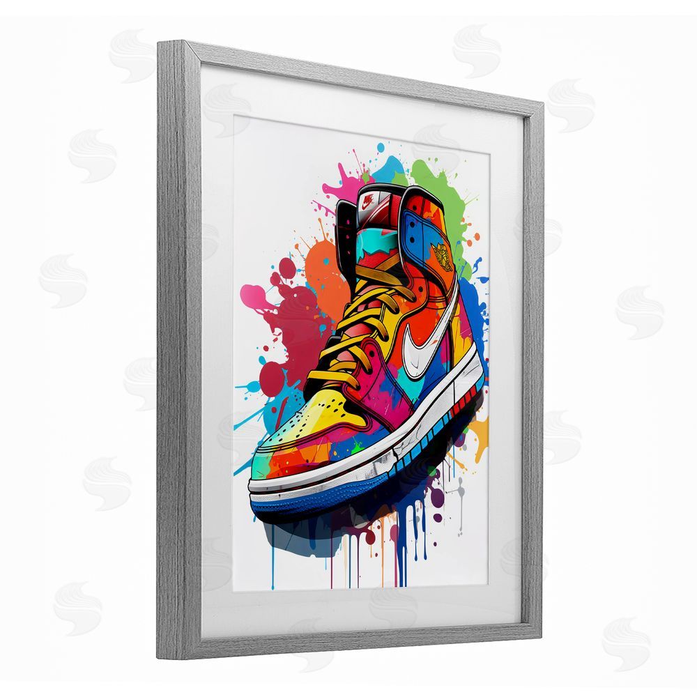 Creative Studio Graffiti Sneaker on White Gray Framed Print Under Glass with Mat Wall Art